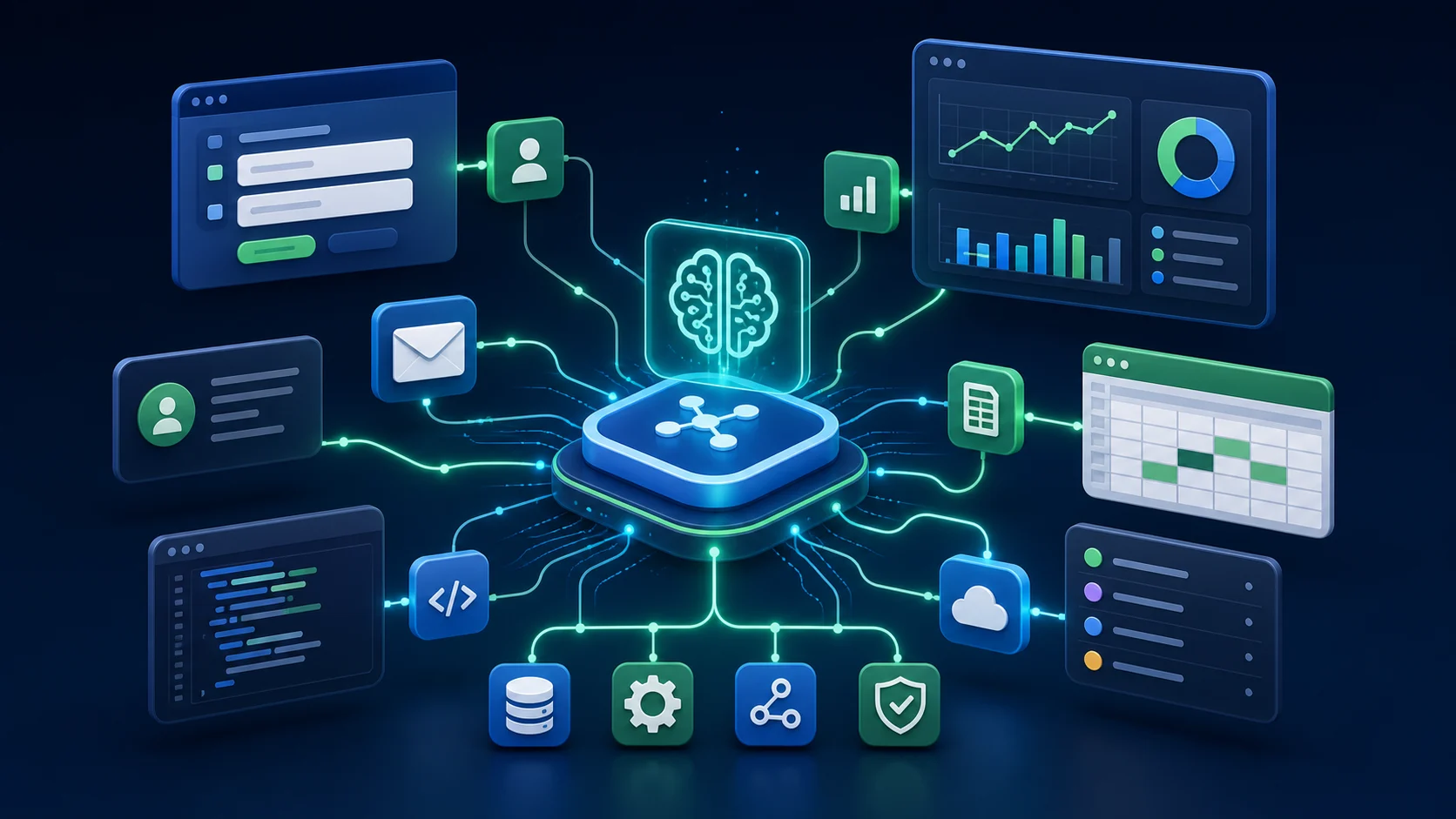 AI integration hub connecting CRM email forms APIs and dashboards