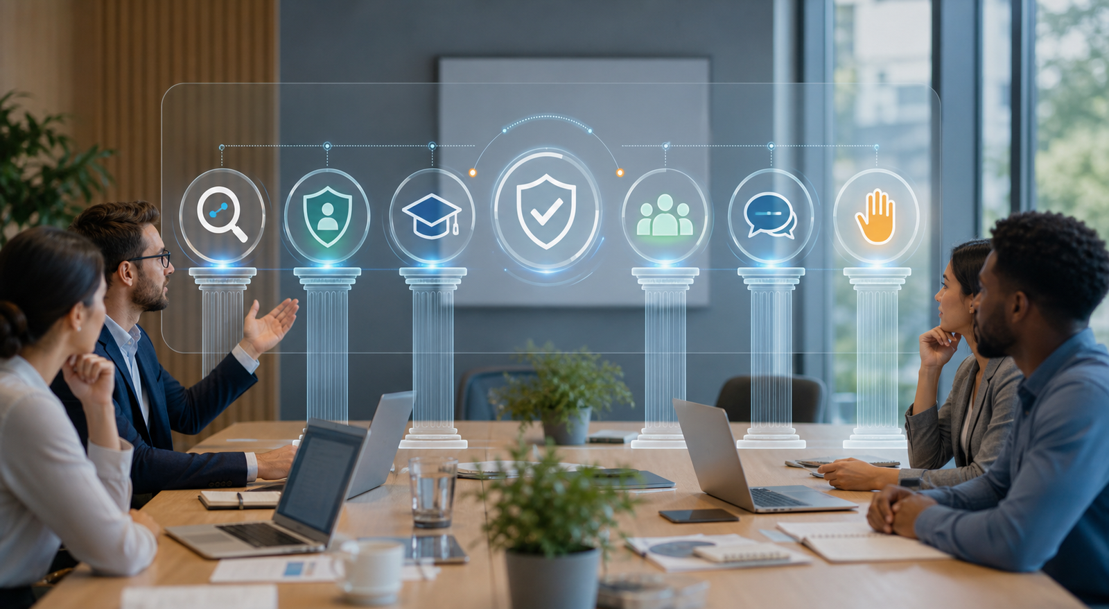 Trust framework for AI adoption with privacy training governance feedback and human control icons