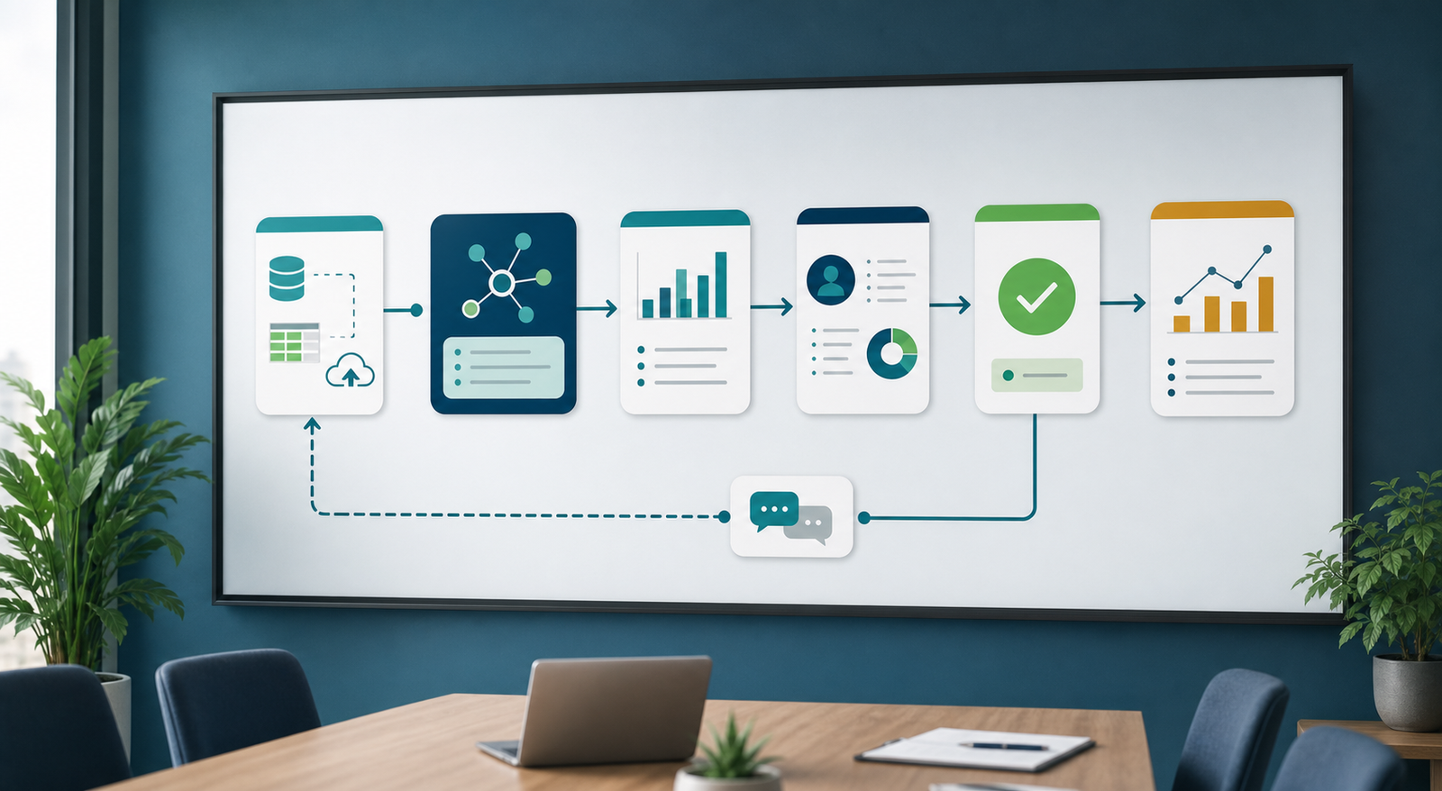 AI adoption workflow showing data input AI recommendation human review approval and feedback loop