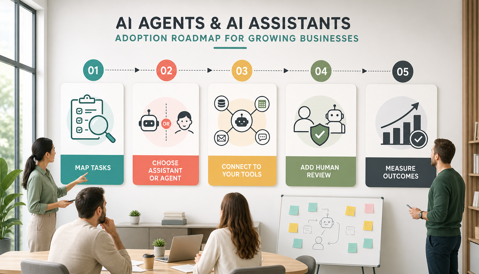 AI agents and AI assistants adoption roadmap for mapping tasks choosing assistant or agent connecting tools adding human review and measuring outcomes