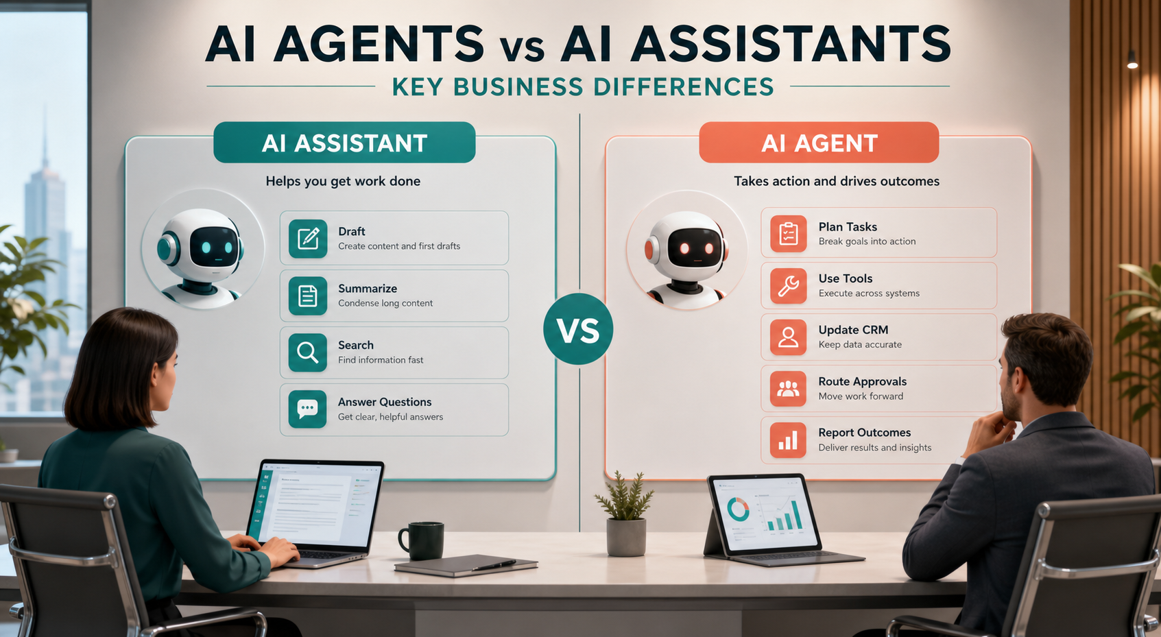 AI agents vs AI assistants business comparison showing assistant drafting summarizing searching and answering questions beside agent planning tool use CRM updates approvals and reporting
