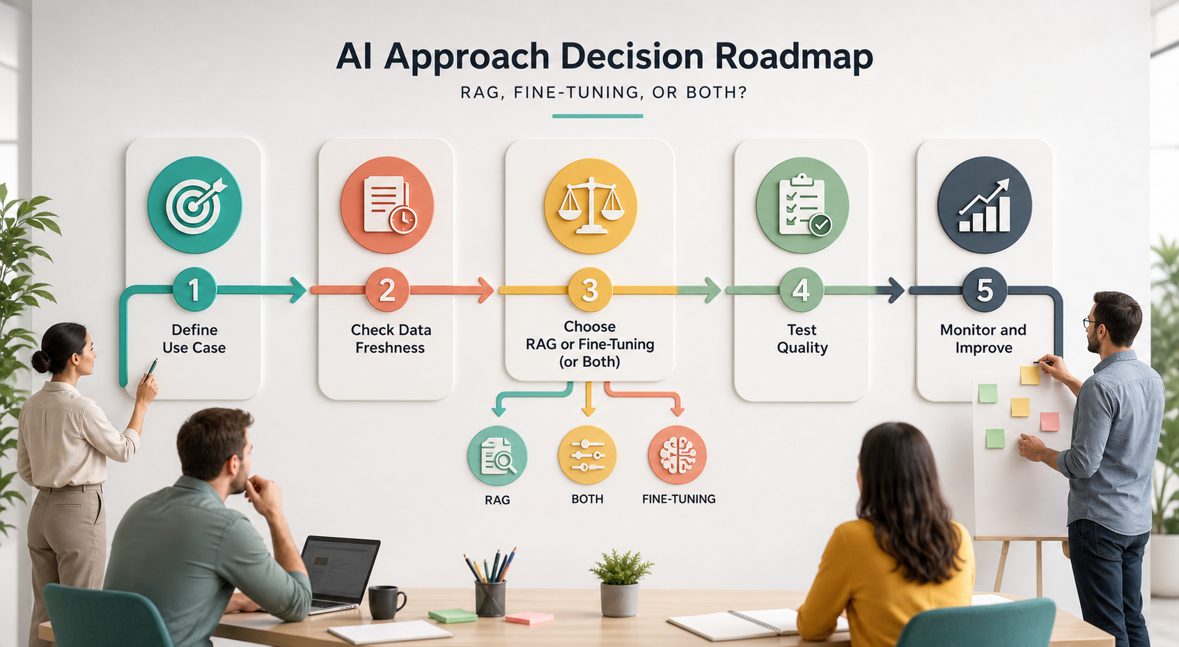AI approach decision roadmap for defining use case checking data freshness choosing RAG or fine tuning testing quality and monitoring improvement