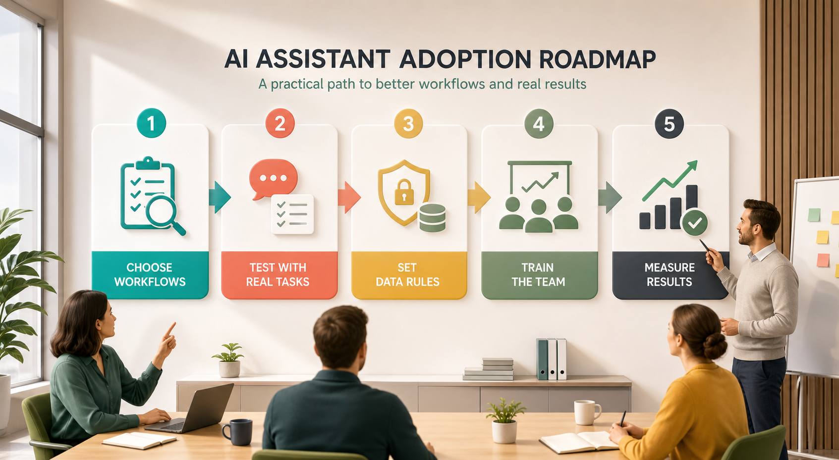 AI assistant adoption roadmap for choosing workflows testing real tasks setting data rules training teams and measuring results