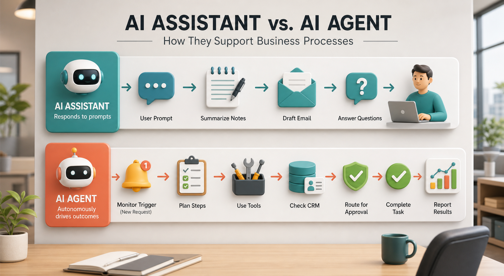 AI assistant vs AI agent workflow showing prompts summaries drafts answers triggers planning tool use CRM checks approvals completion and reports