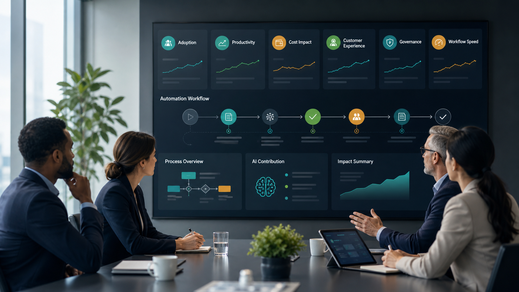 AI automation business impact metrics showing adoption productivity cost savings workflow speed governance and customer experience indicators