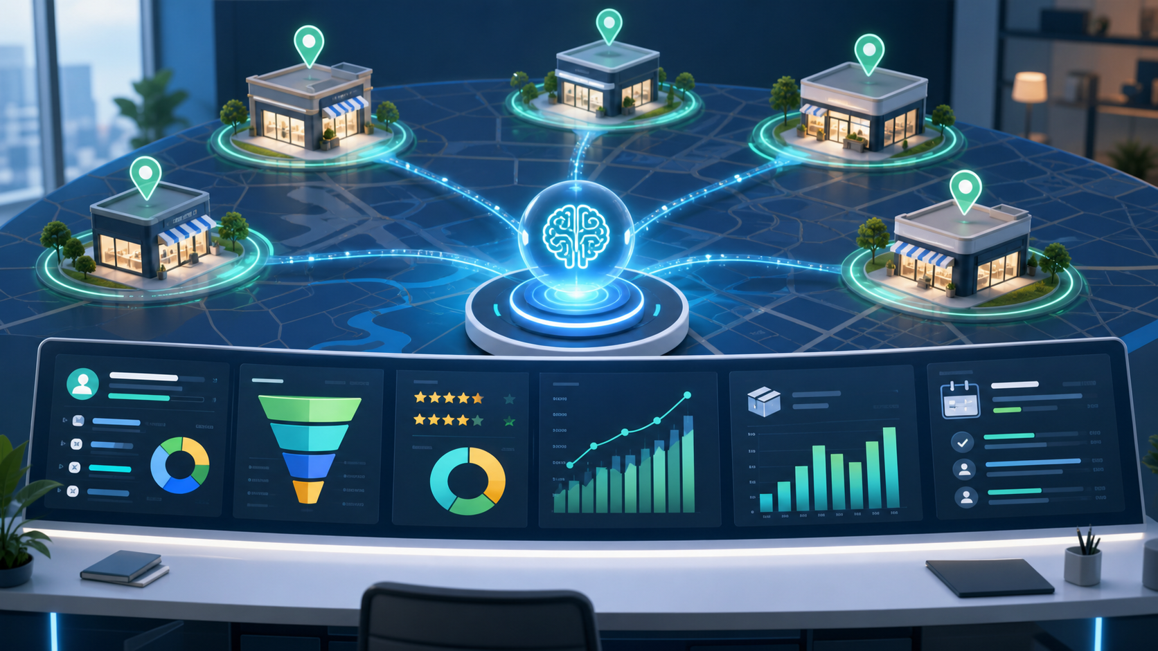 AI automation dashboard connecting multiple business locations with leads reviews inventory and reporting