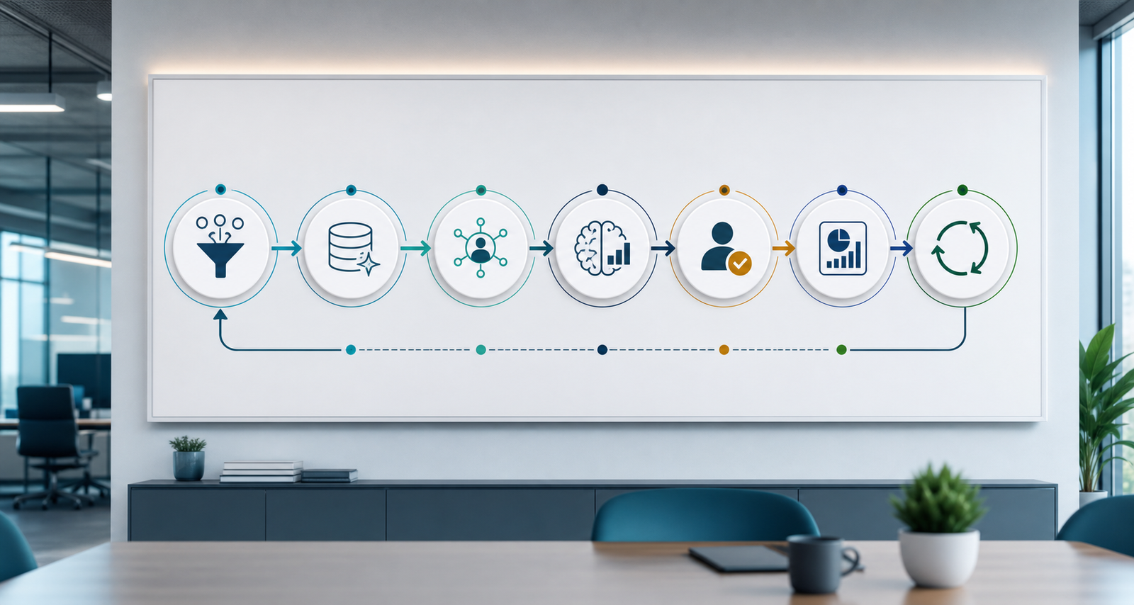 AI automation workflow map showing intake data cleanup CRM integration human approval reporting and optimization