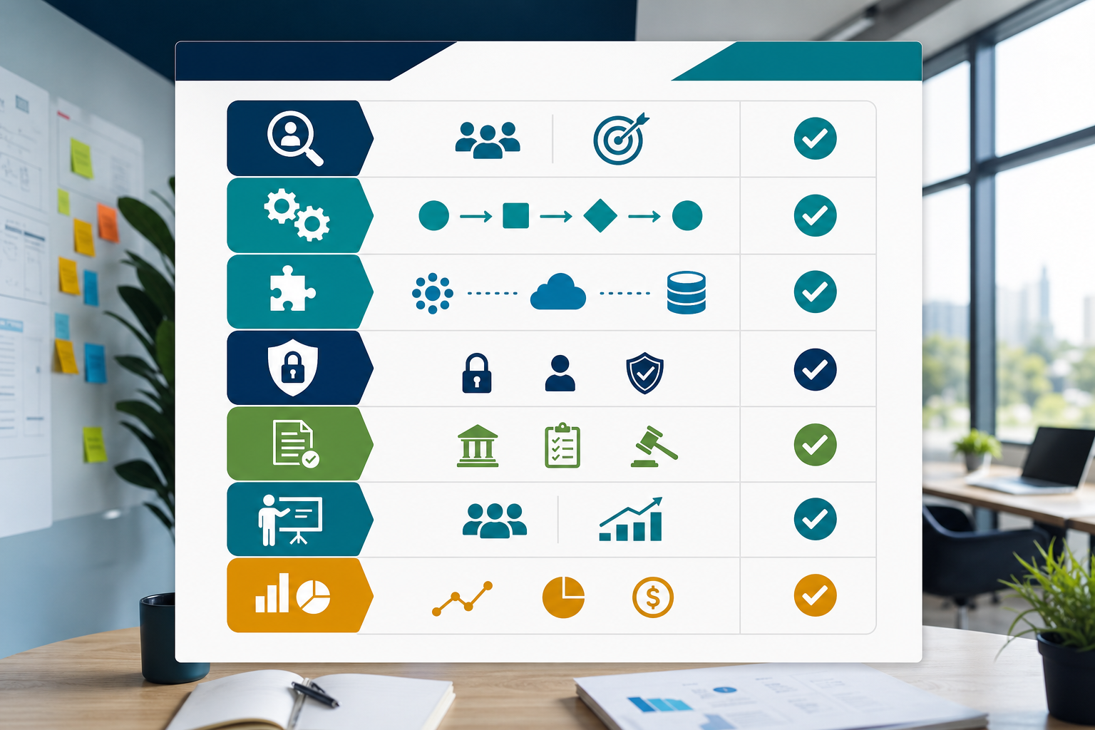 Checklist for evaluating AI automation services partners with discovery workflow integration security governance training and ROI icons