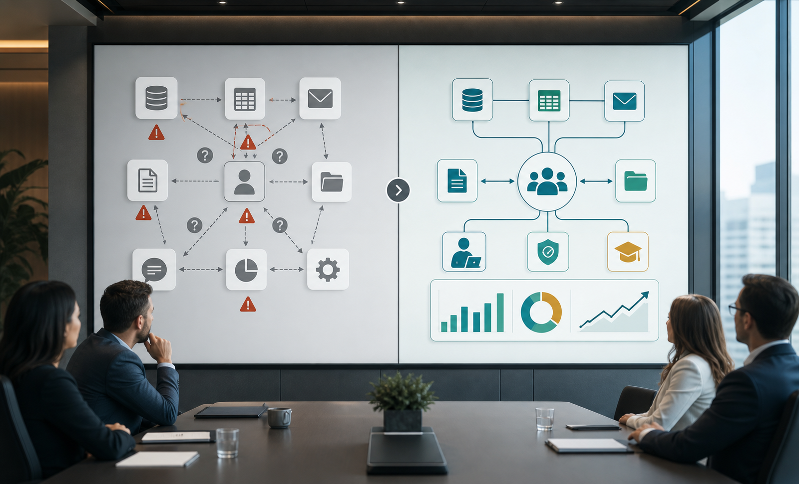 Comparison of a disconnected AI automation vendor versus a connected AI automation partner with security training and ROI dashboard