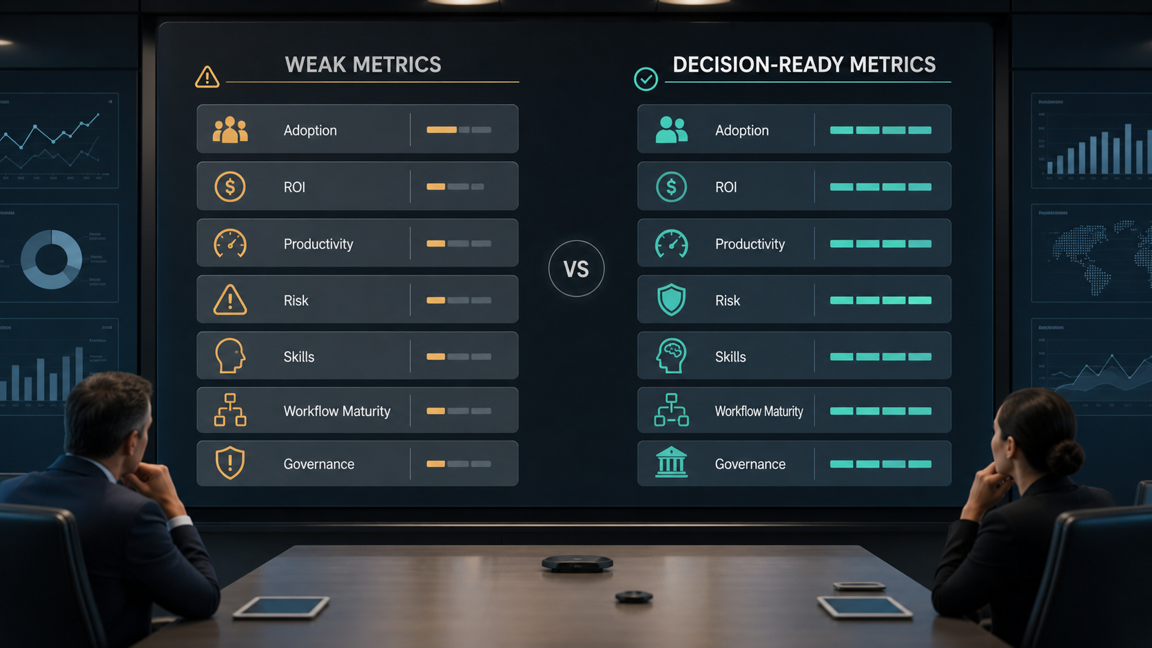 AI automation statistics comparison showing adoption ROI productivity risk skills and workflow maturity for business leaders