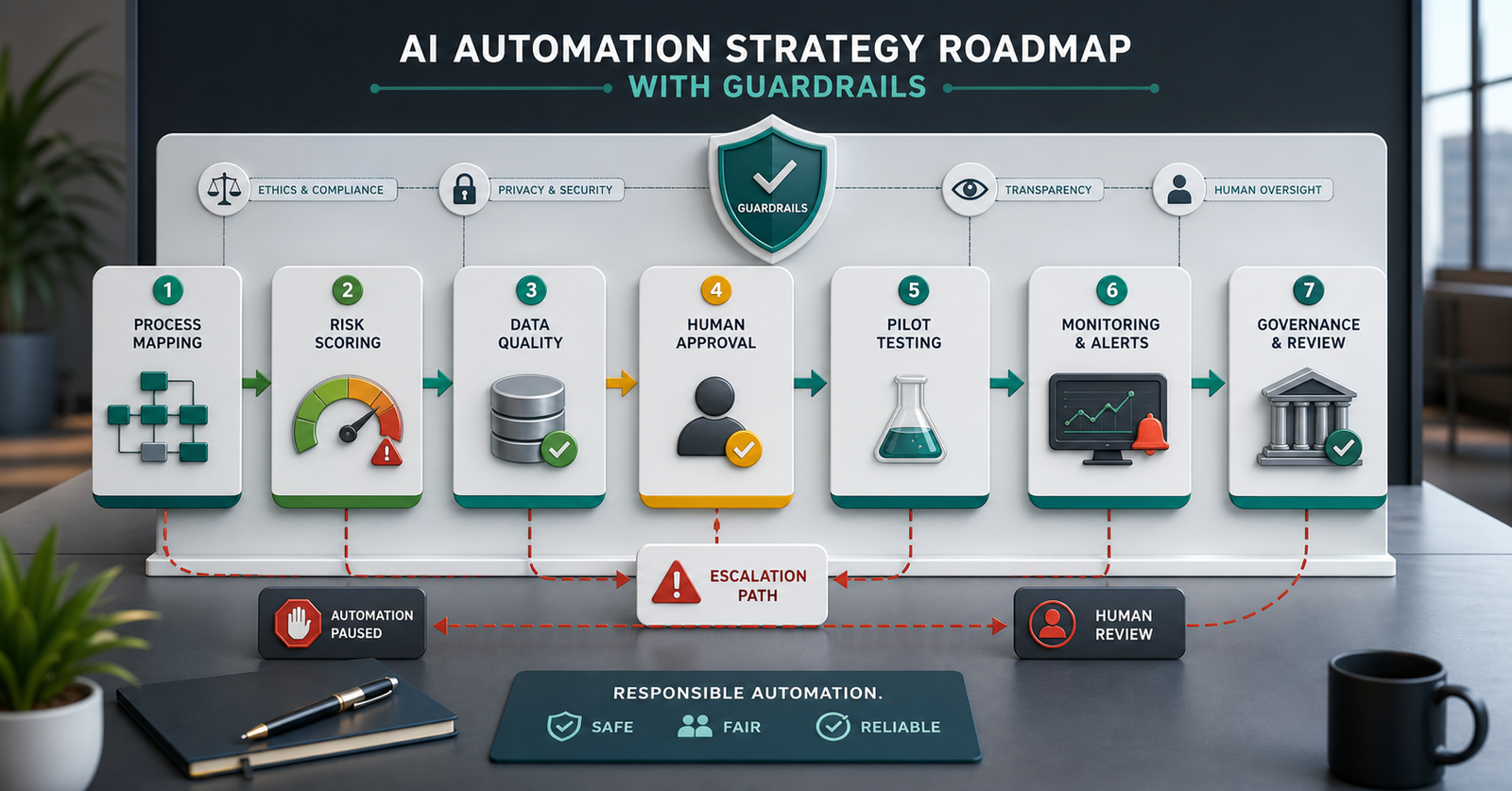 Roadmap for AI automation strategy with process mapping risk scoring human approval and governance