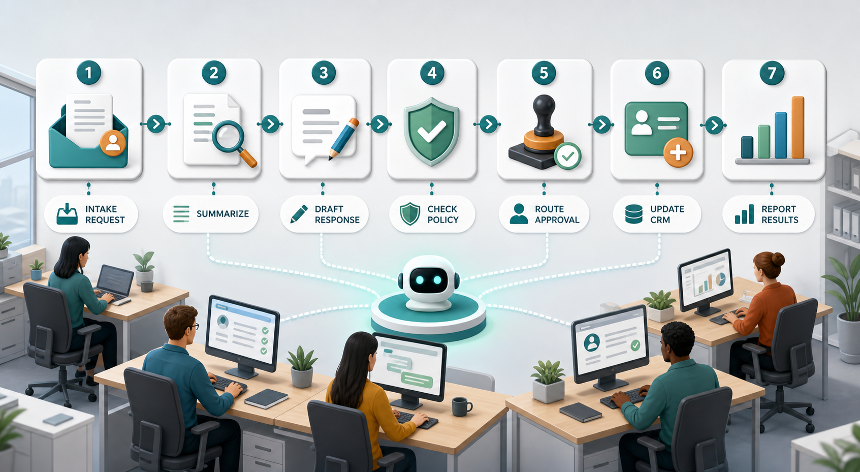 AI assistant workflow process for intake summarizing drafting policy checks approvals CRM updates and reporting