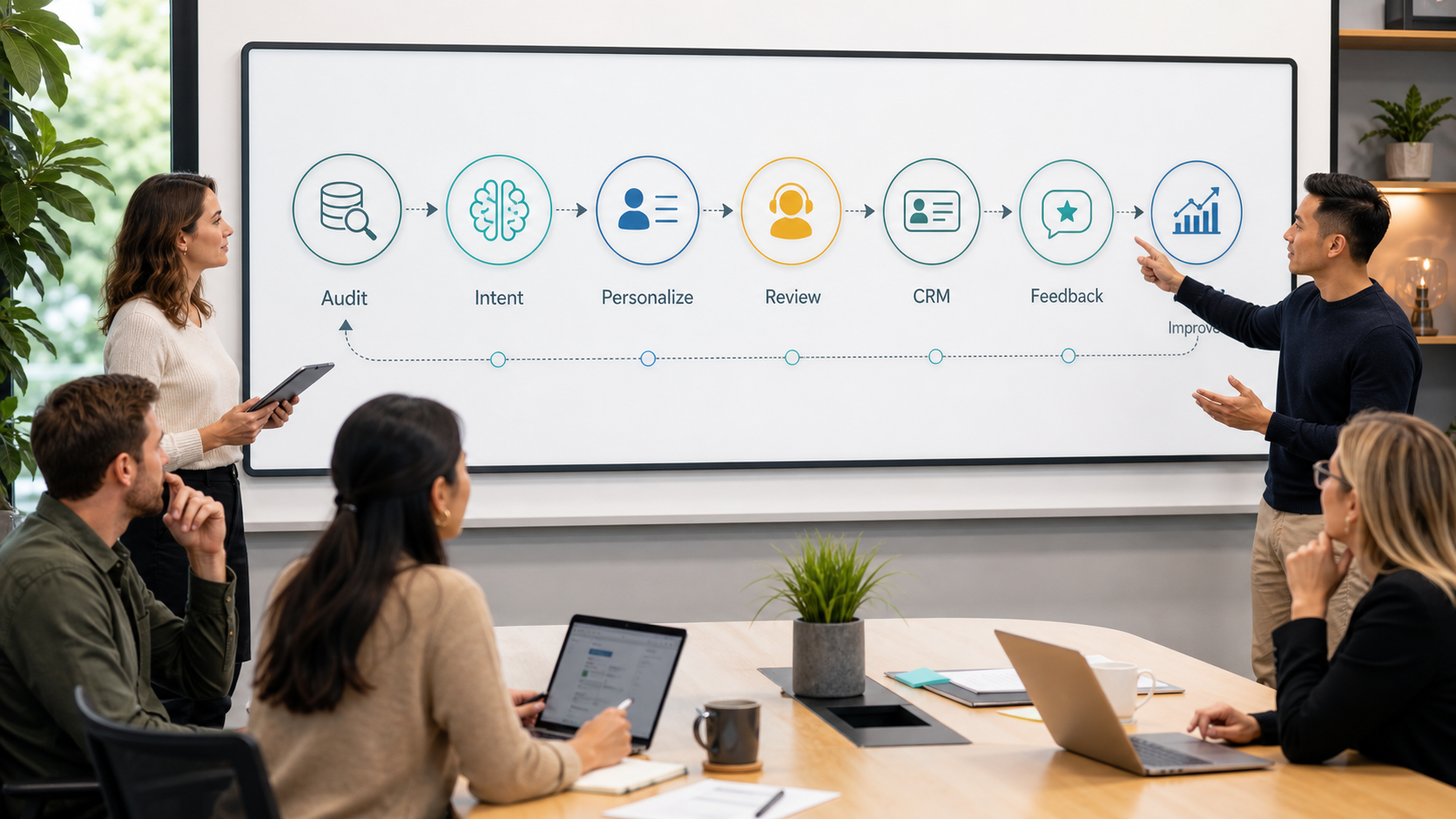 AI customer experience roadmap showing data audit intent personalization human review CRM feedback and improvement steps