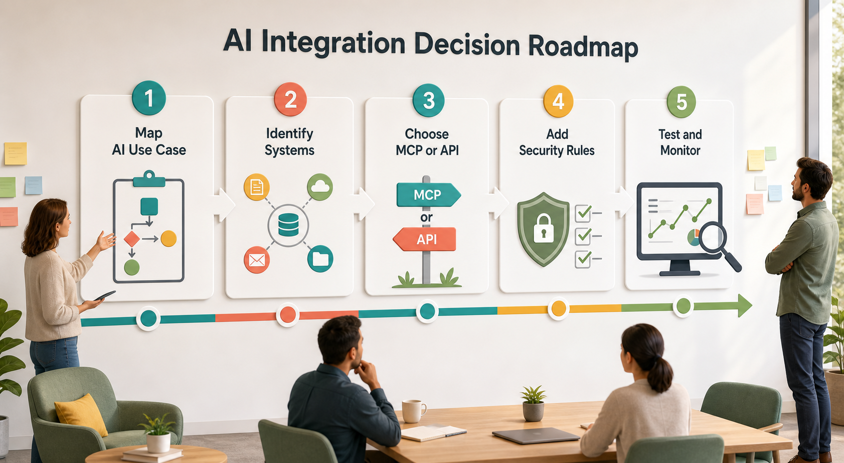 AI integration decision roadmap for mapping AI use cases identifying systems choosing MCP or API adding security rules and testing results