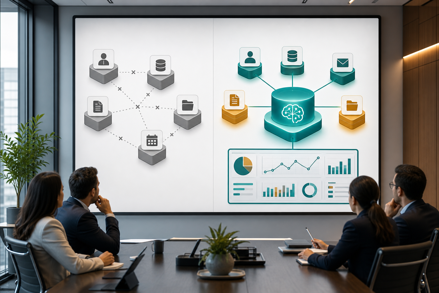 Comparison of disconnected data silos versus connected AI systems with a unified data layer