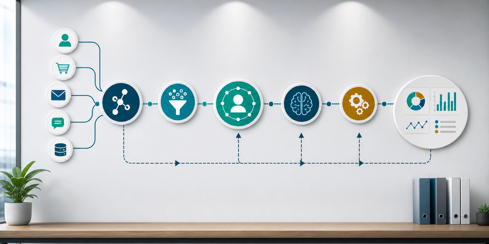 AI integration workflow showing source apps connectors data cleanup unified profile AI analysis automation and dashboards