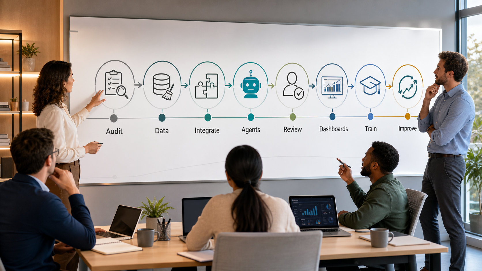 AI-native business operations roadmap showing audit data integration agents review dashboards training and continuous improvement