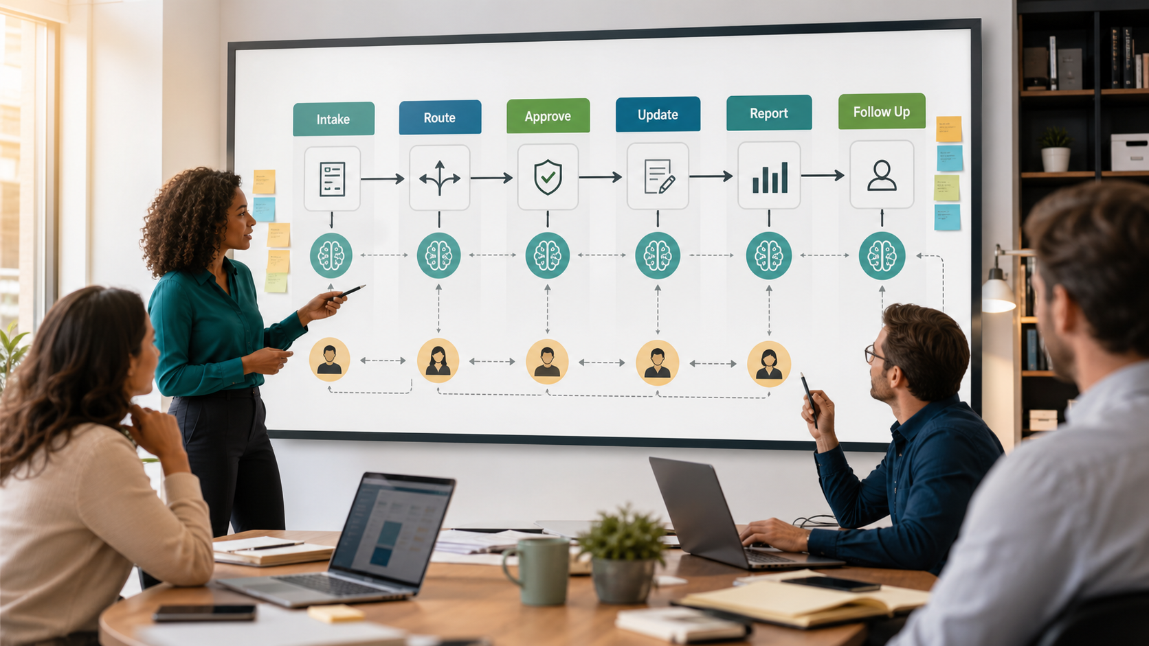 AI-native workflow redesign showing intake routing approvals updates reporting follow up AI assistance and human review points