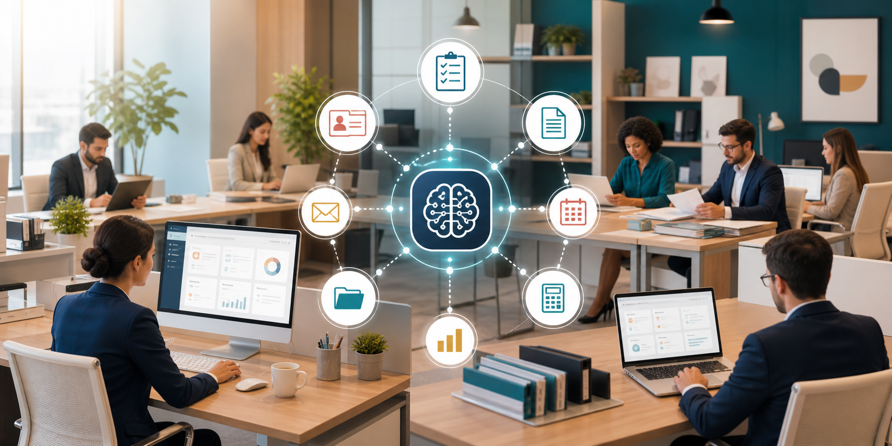 AI professional services dashboard connecting client intake documents scheduling CRM billing and reporting