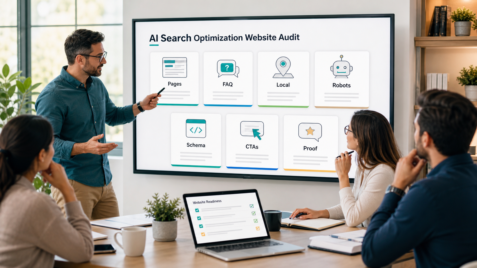 AI search optimization website audit showing pages FAQ local robots schema calls to action and proof signals