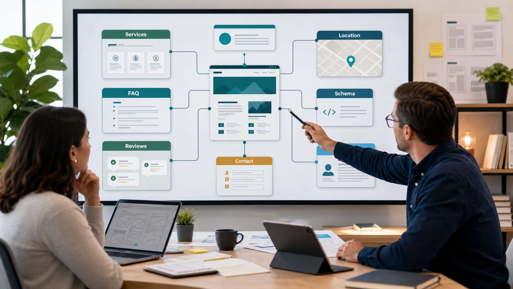 AI search website content architecture showing services FAQ reviews location schema expertise and contact signals