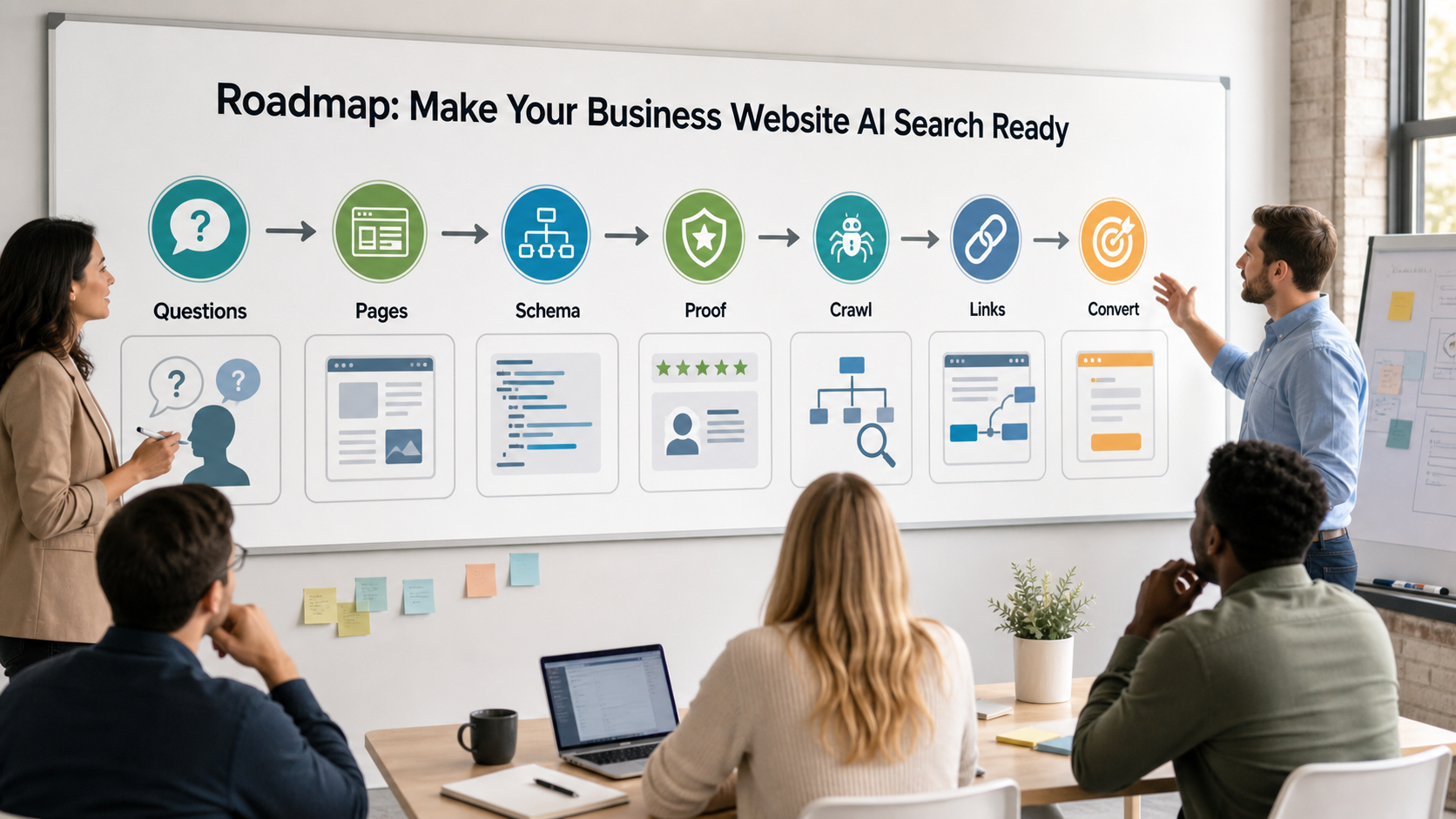 AI search website roadmap showing questions pages schema proof crawl links and conversion optimization steps