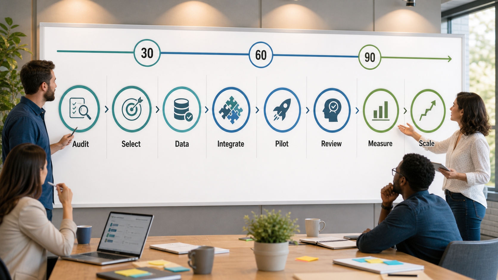 AI workflow ROI 90 day roadmap showing audit select data integrate pilot review measure and scale phases