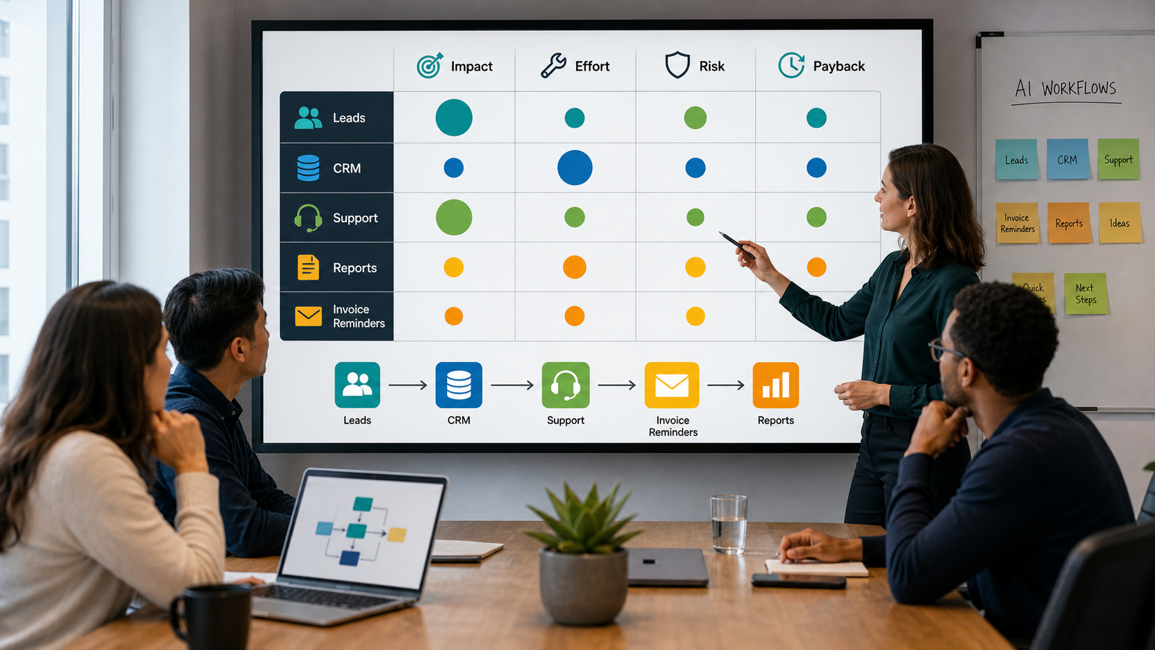 AI workflow ROI selection matrix showing impact effort risk payback leads CRM support reports and invoice reminders