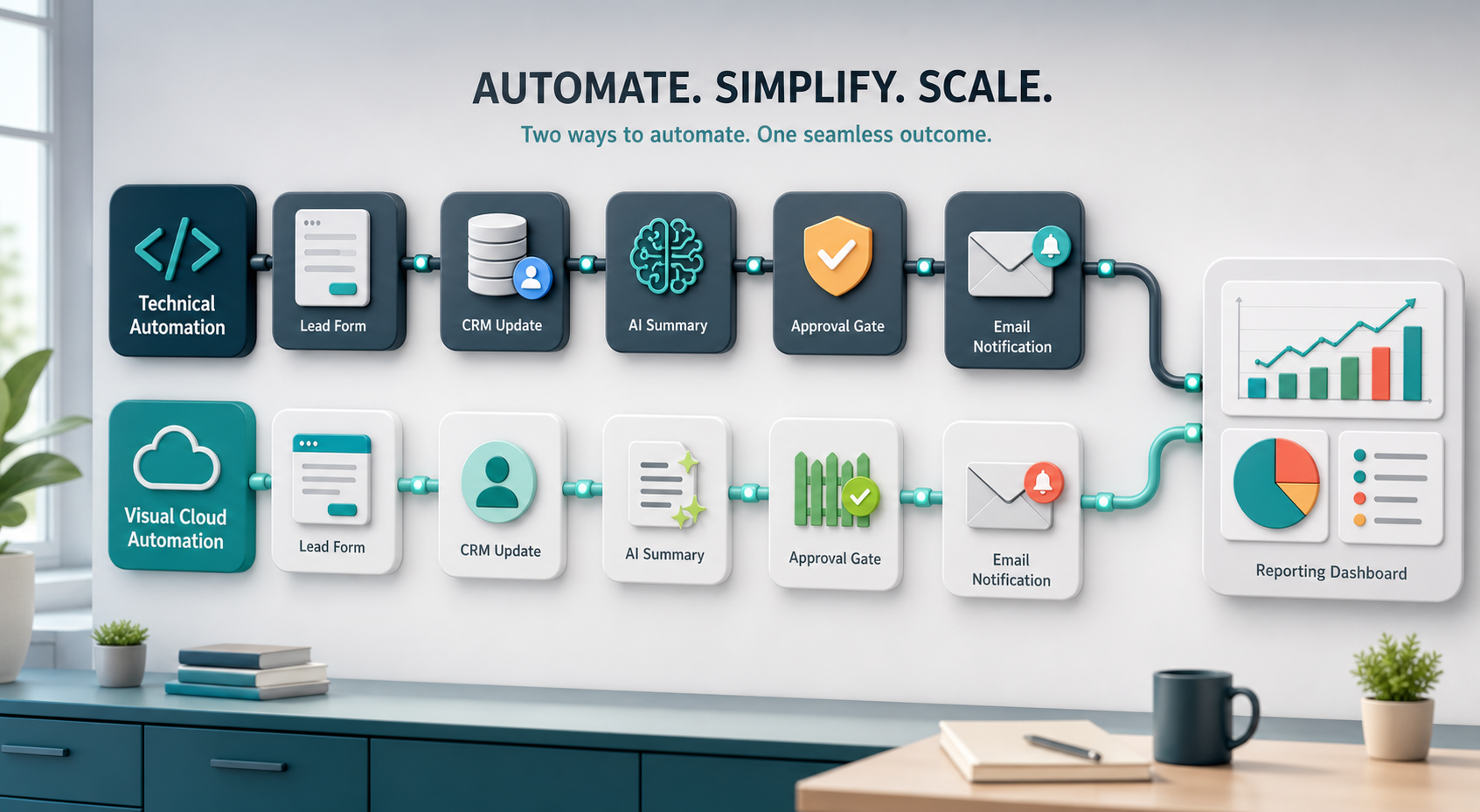 Automation workflow platform process from lead form to CRM update AI summary approval email notification and reporting