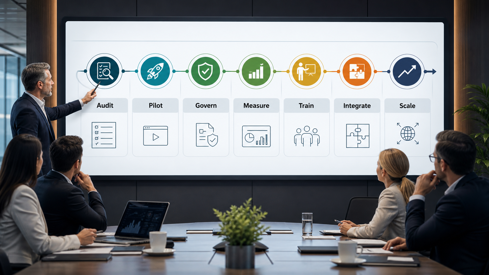 CEO roadmap for AI automation strategy showing workflow priorities governance pilots ROI measurement and scaling decisions