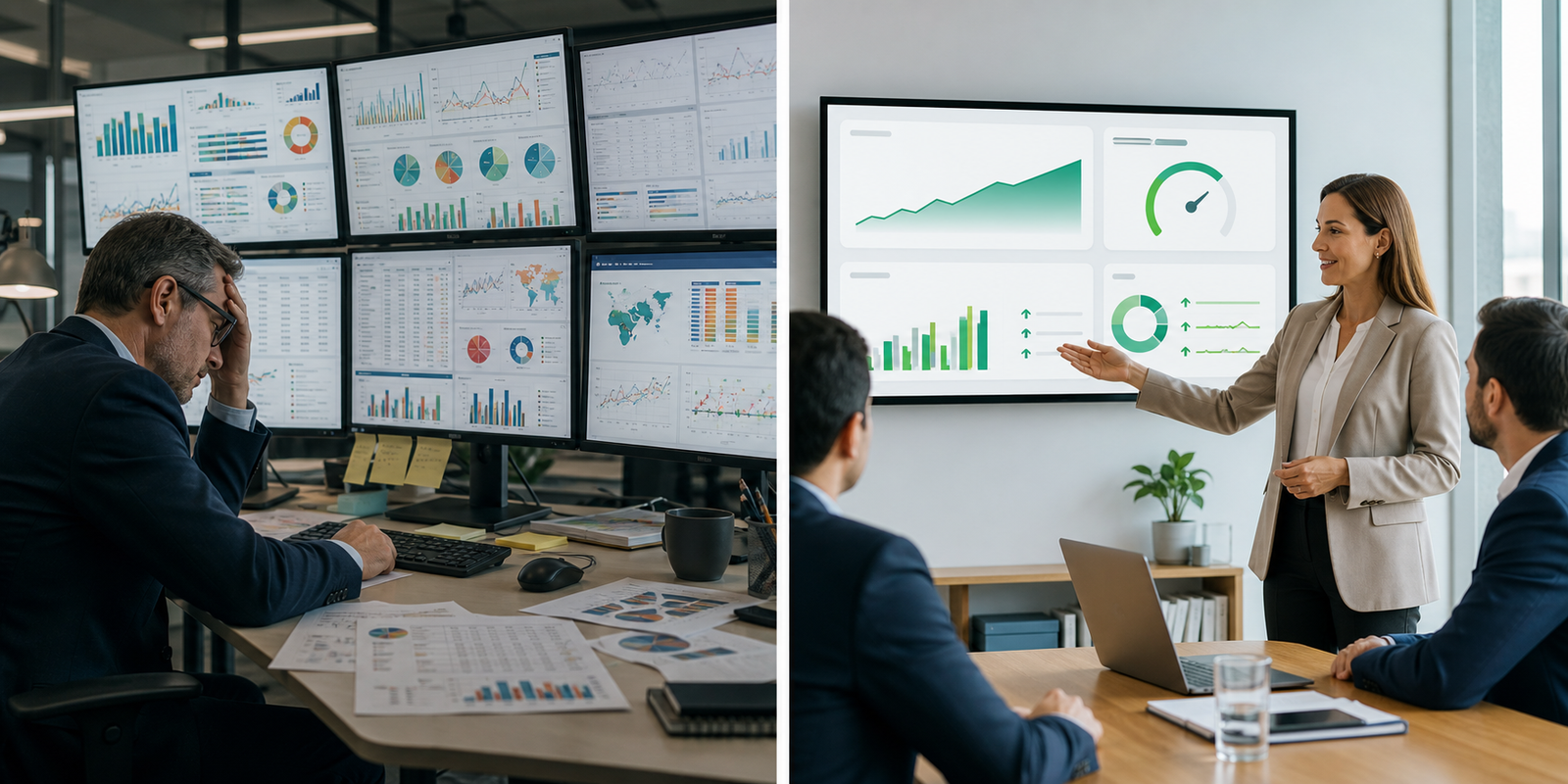Cluttered dashboards compared with simple AI dashboards for executives