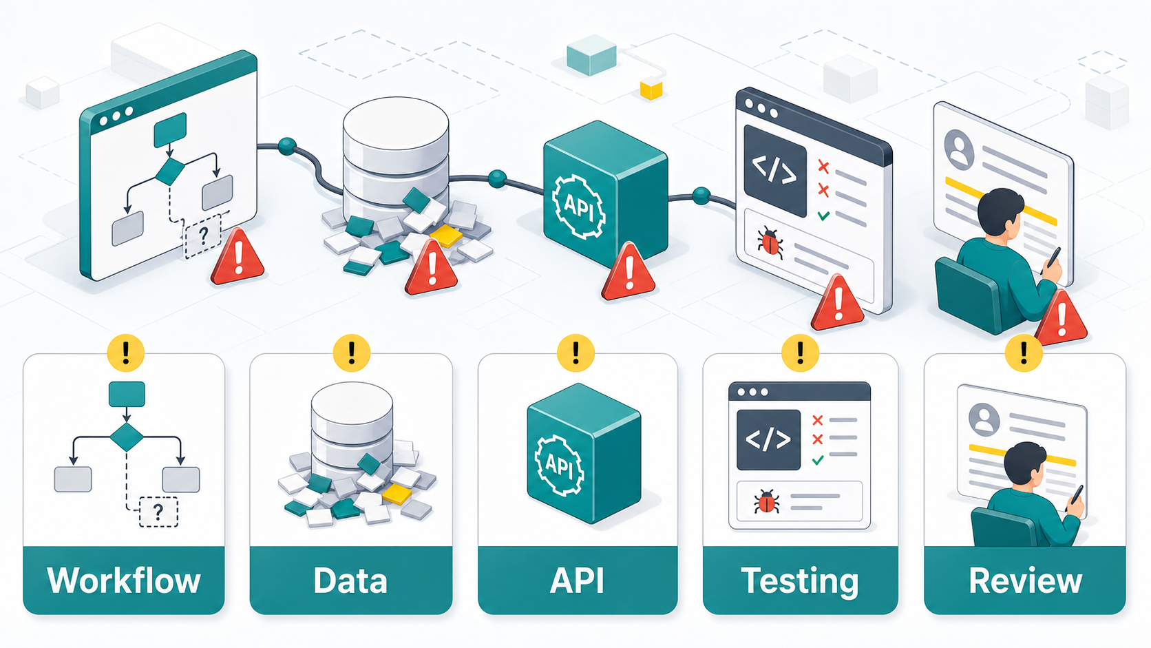 Common AI integration mistakes including workflow data API testing and review issues