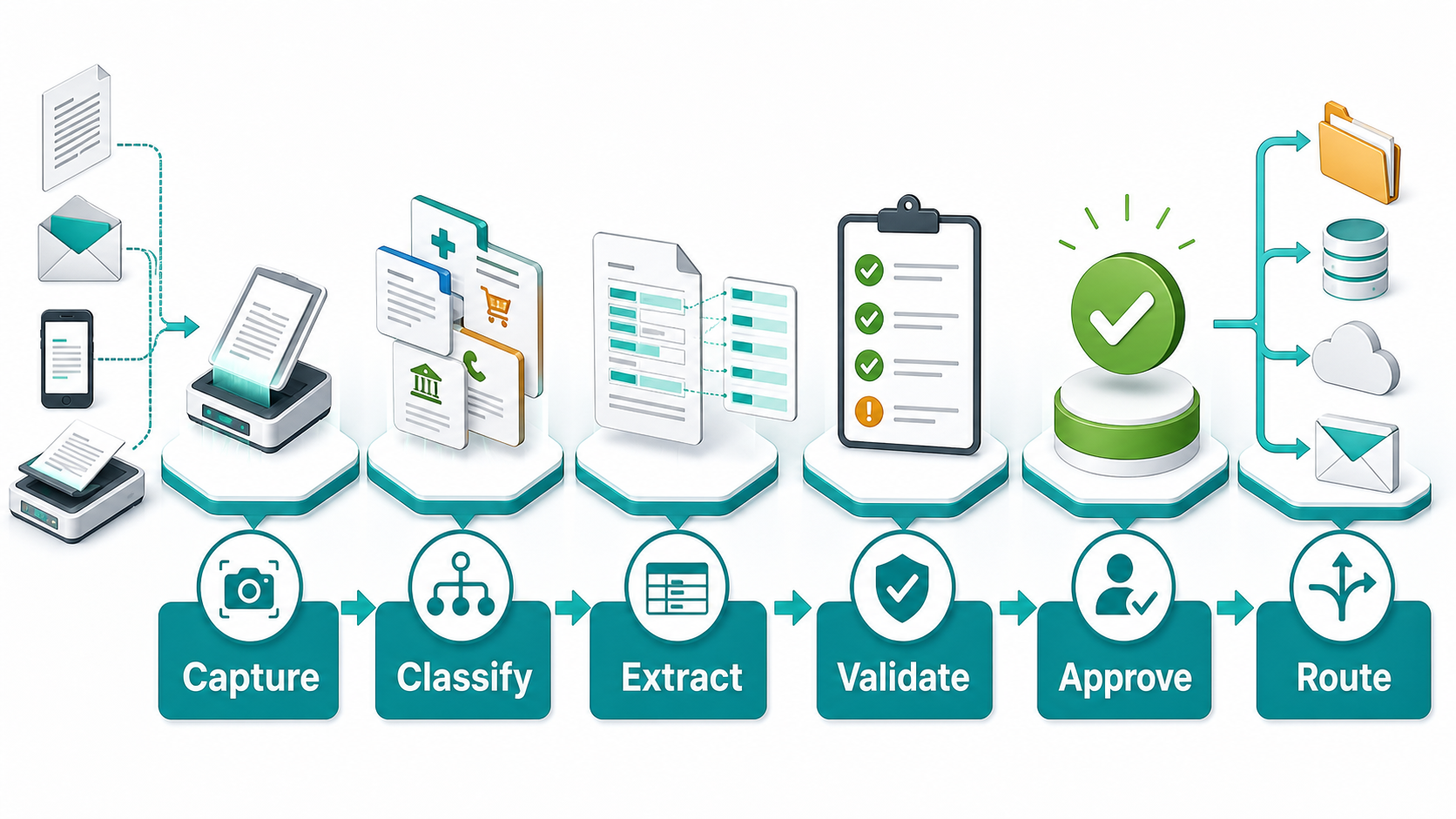 Intelligent document processing pipeline with capture classify extract validate approve and route steps