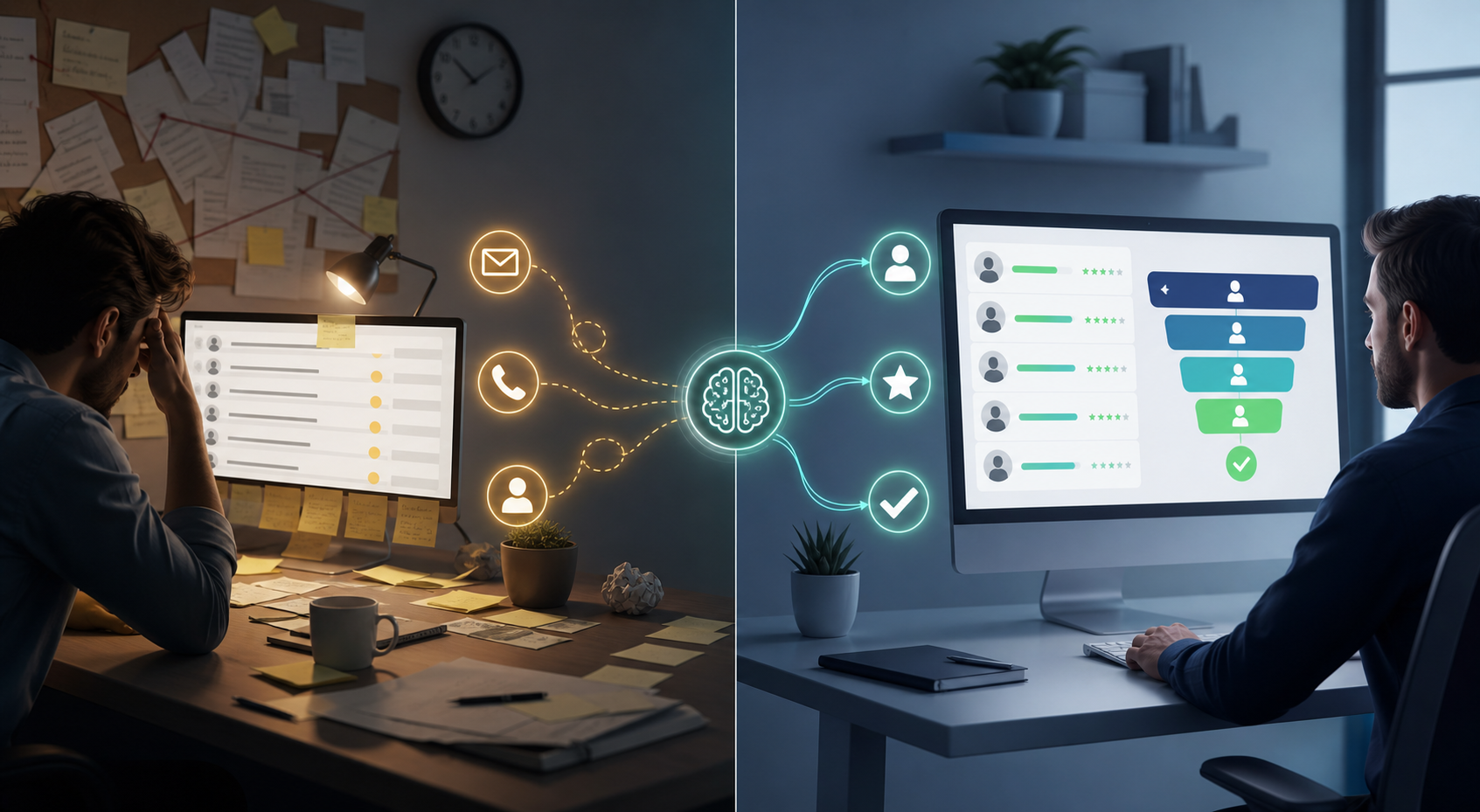 Manual lead handling compared with AI lead generation and CRM scoring