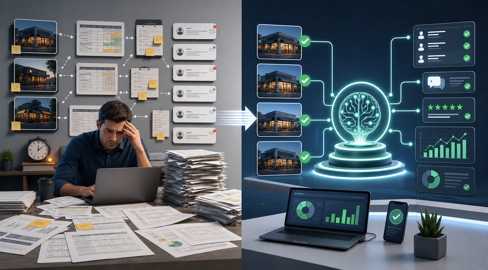 Manual multi location management compared with AI automation for location tasks and reporting