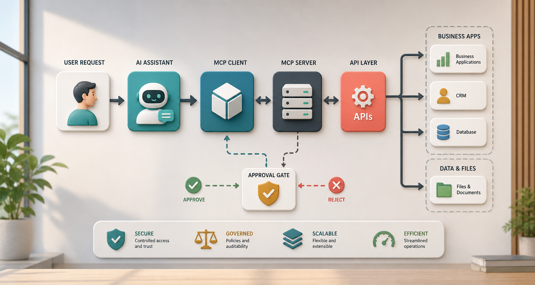 AI integration workflow showing user request AI assistant MCP client MCP server API layer business apps CRM database files and approval gate