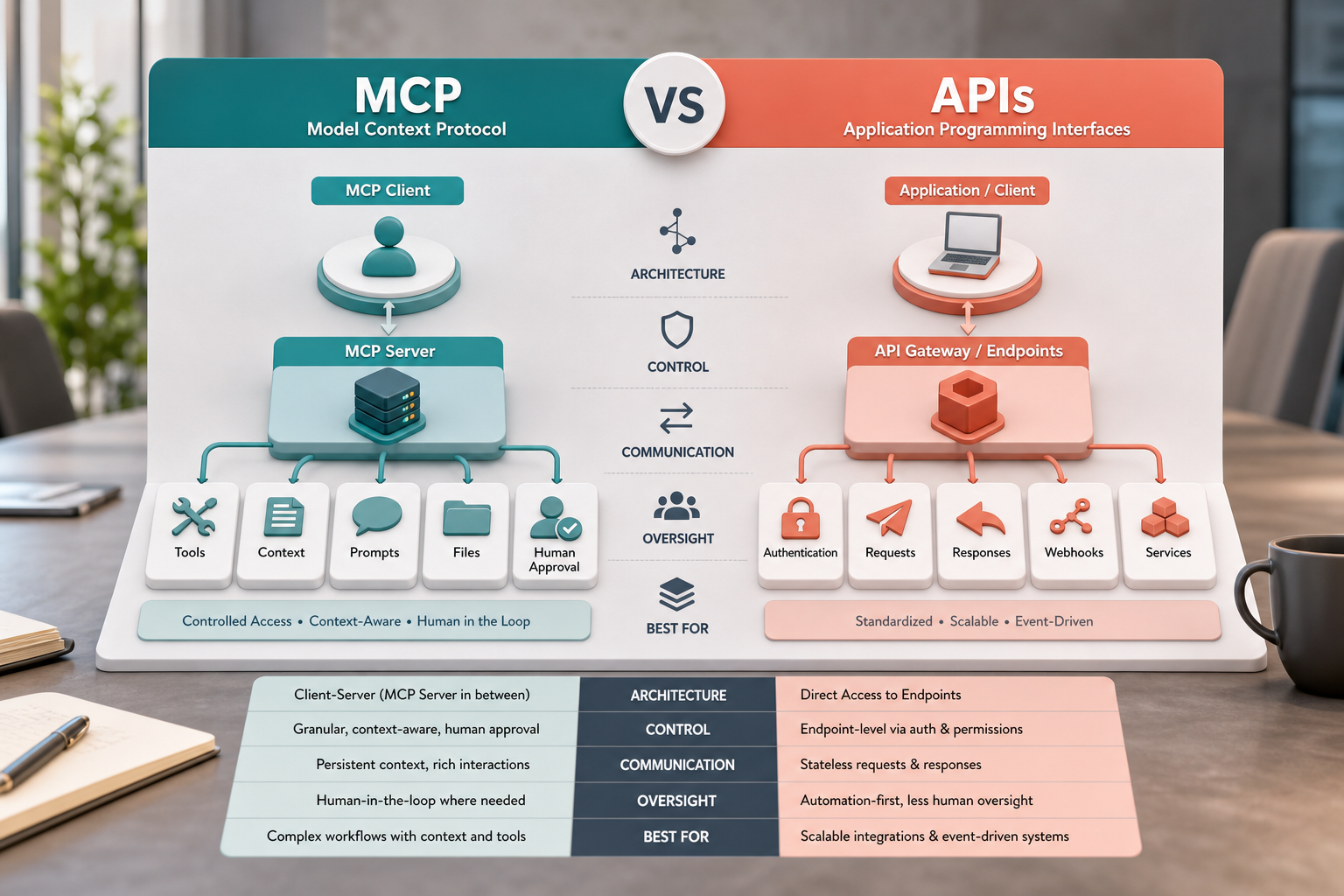 MCP and API architecture comparison showing client server tools context prompts files approval endpoints authentication requests responses webhooks and services