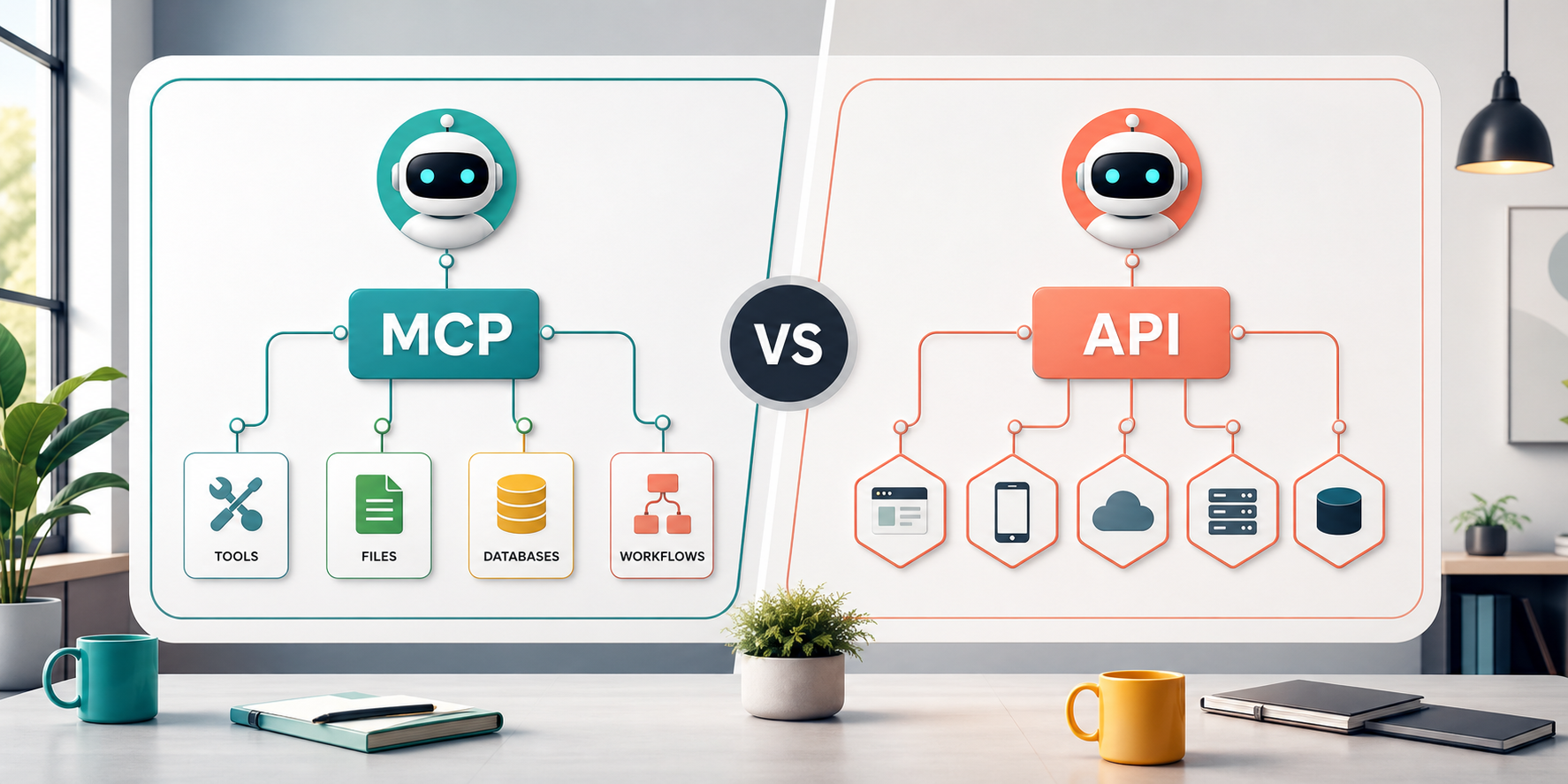 MCP vs API comparison for AI integrations showing AI assistant connected to tools files databases workflows and API endpoints