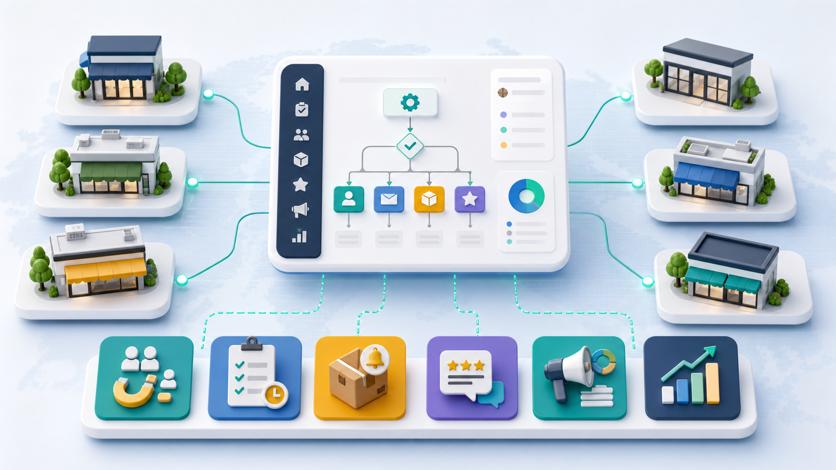 AI automation workflows connecting CRM leads staff tasks inventory reviews marketing and reports across locations