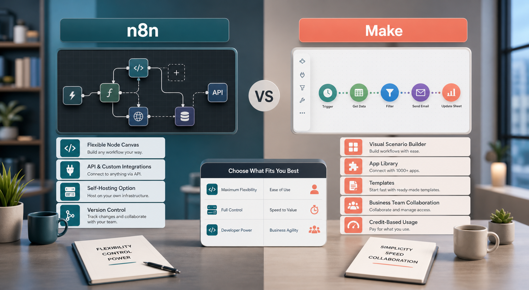 n8n and Make platform comparison with flexible node canvas custom integrations self hosting visual scenario builder templates and app library
