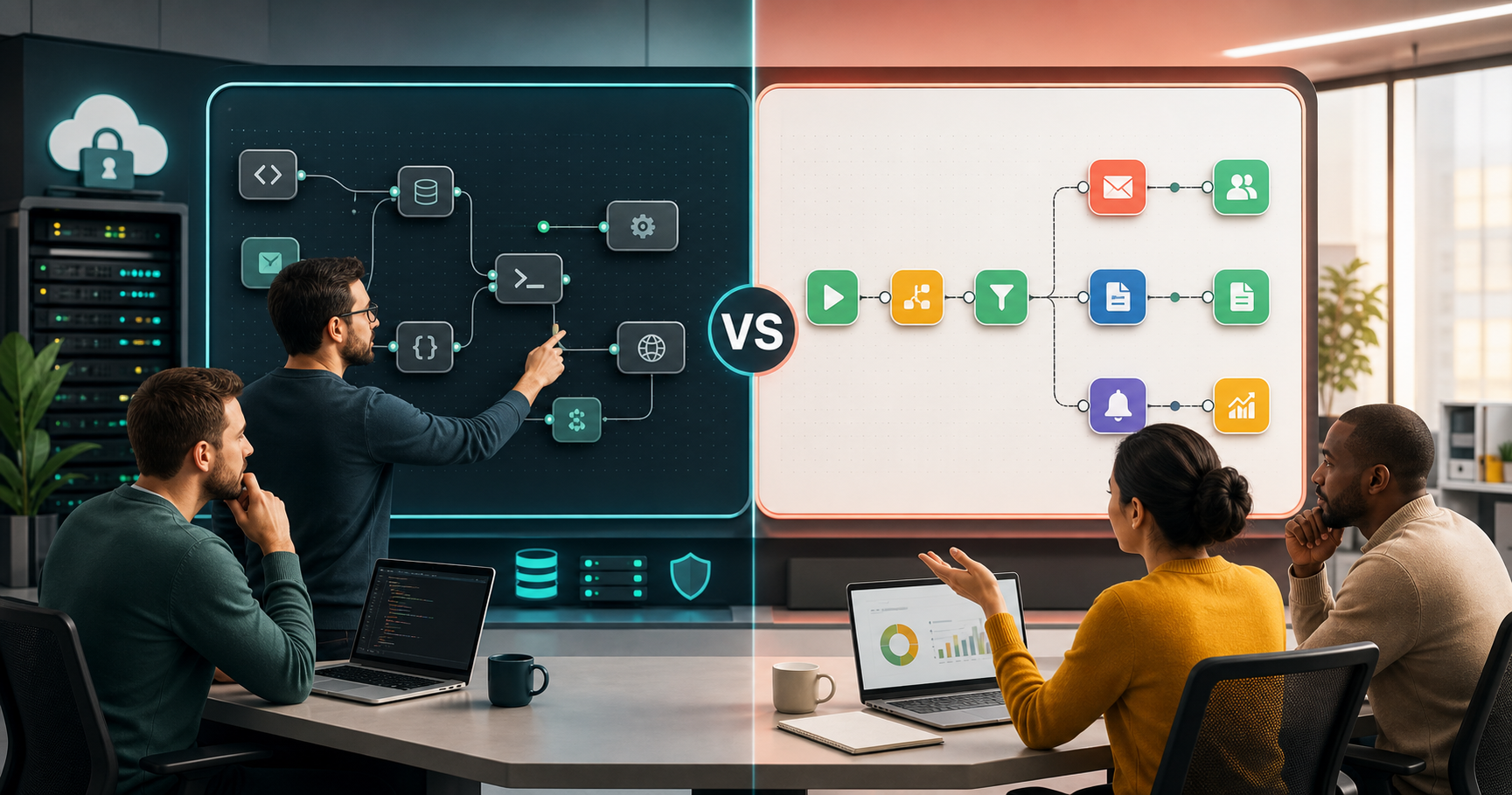 n8n vs Make automation platform comparison showing technical node workflows and visual business automation scenarios