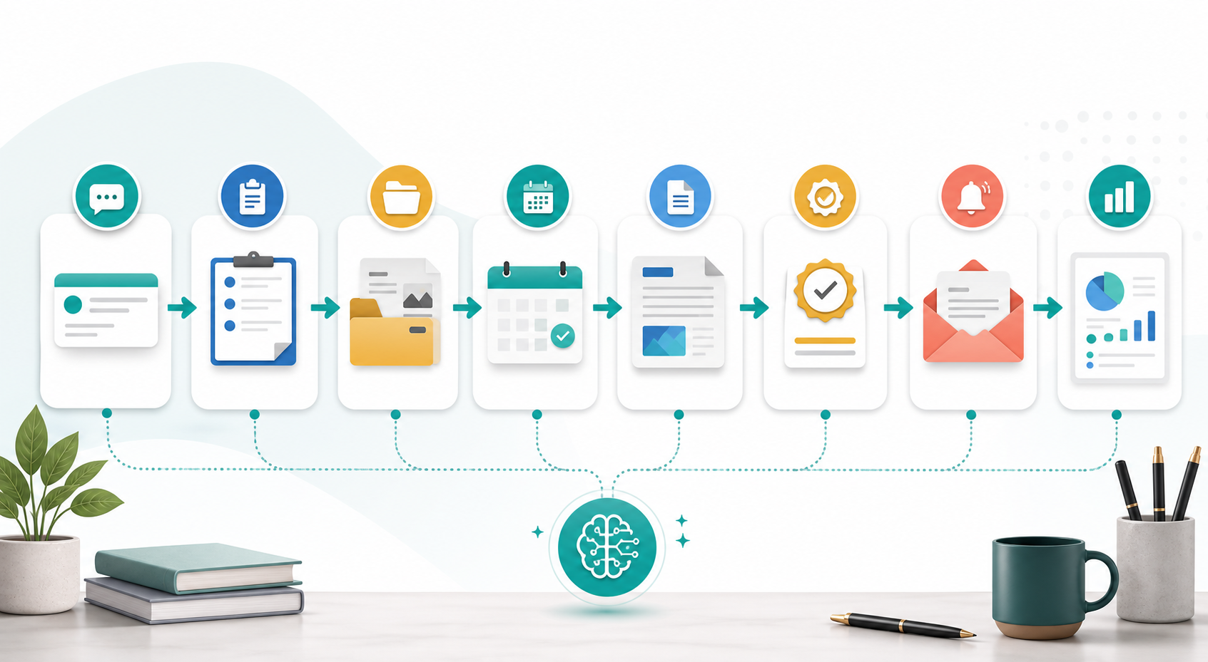 AI professional services workflow from client inquiry intake documents scheduling proposal approval reminder and report