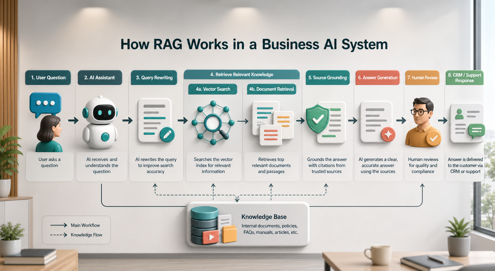RAG business AI workflow showing user question AI assistant query rewriting vector search document retrieval source grounding answer generation human review and CRM response