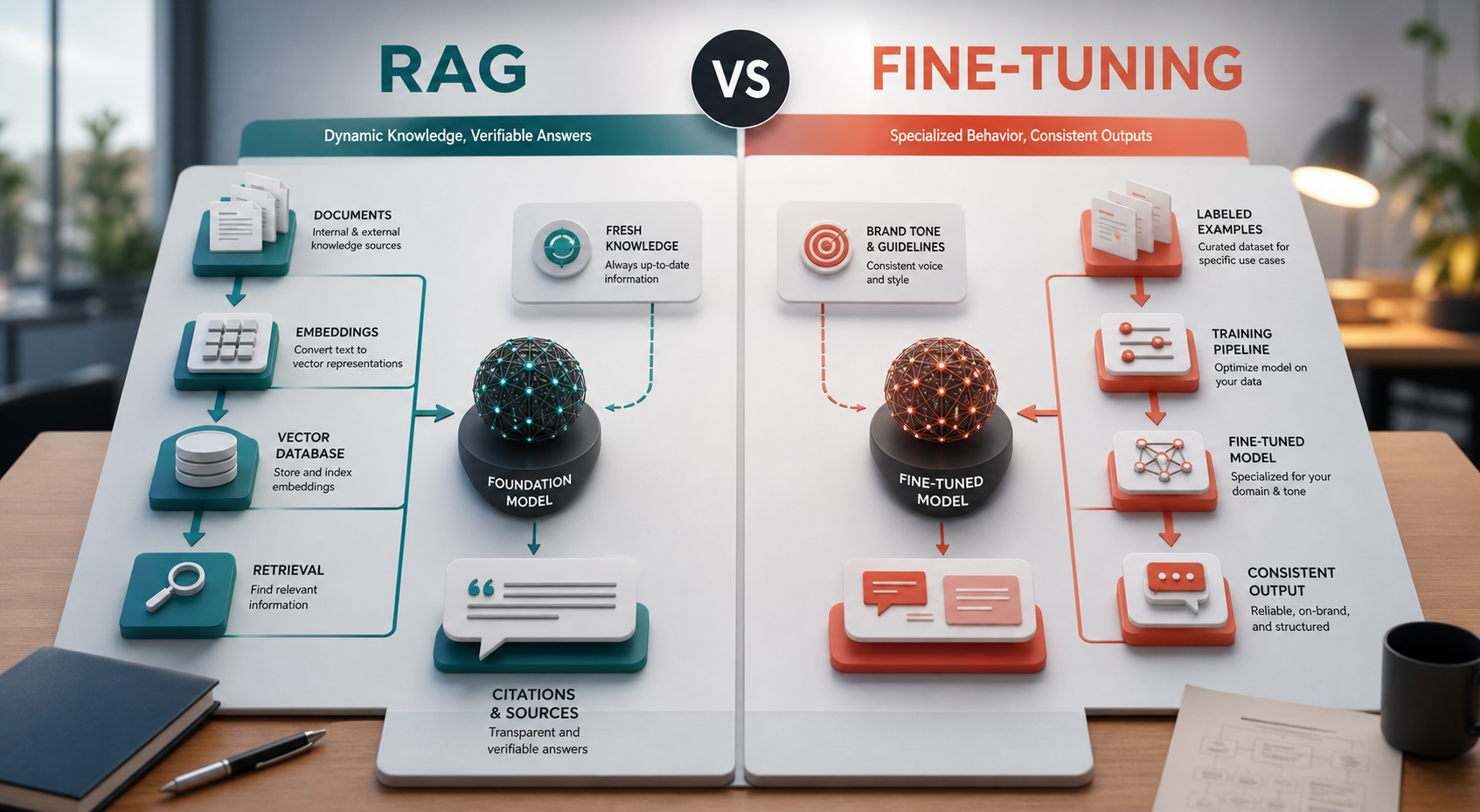 RAG and fine tuning comparison showing documents embeddings vector database retrieval citations fresh knowledge labeled examples training pipeline and consistent output