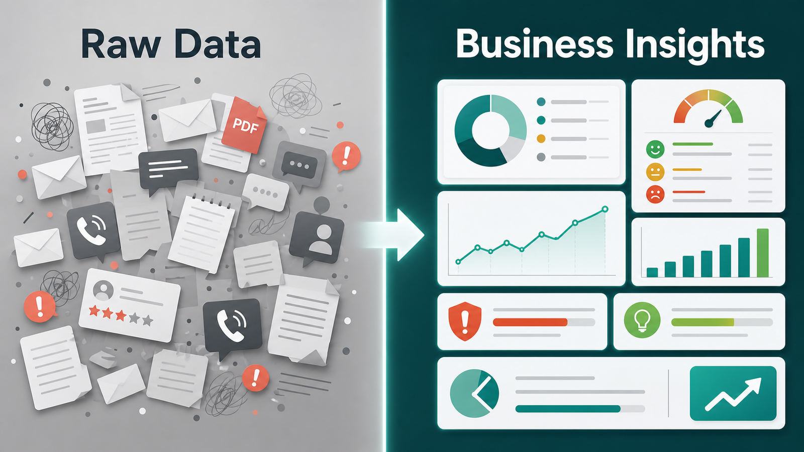 Raw unstructured data compared with AI extracted business insights