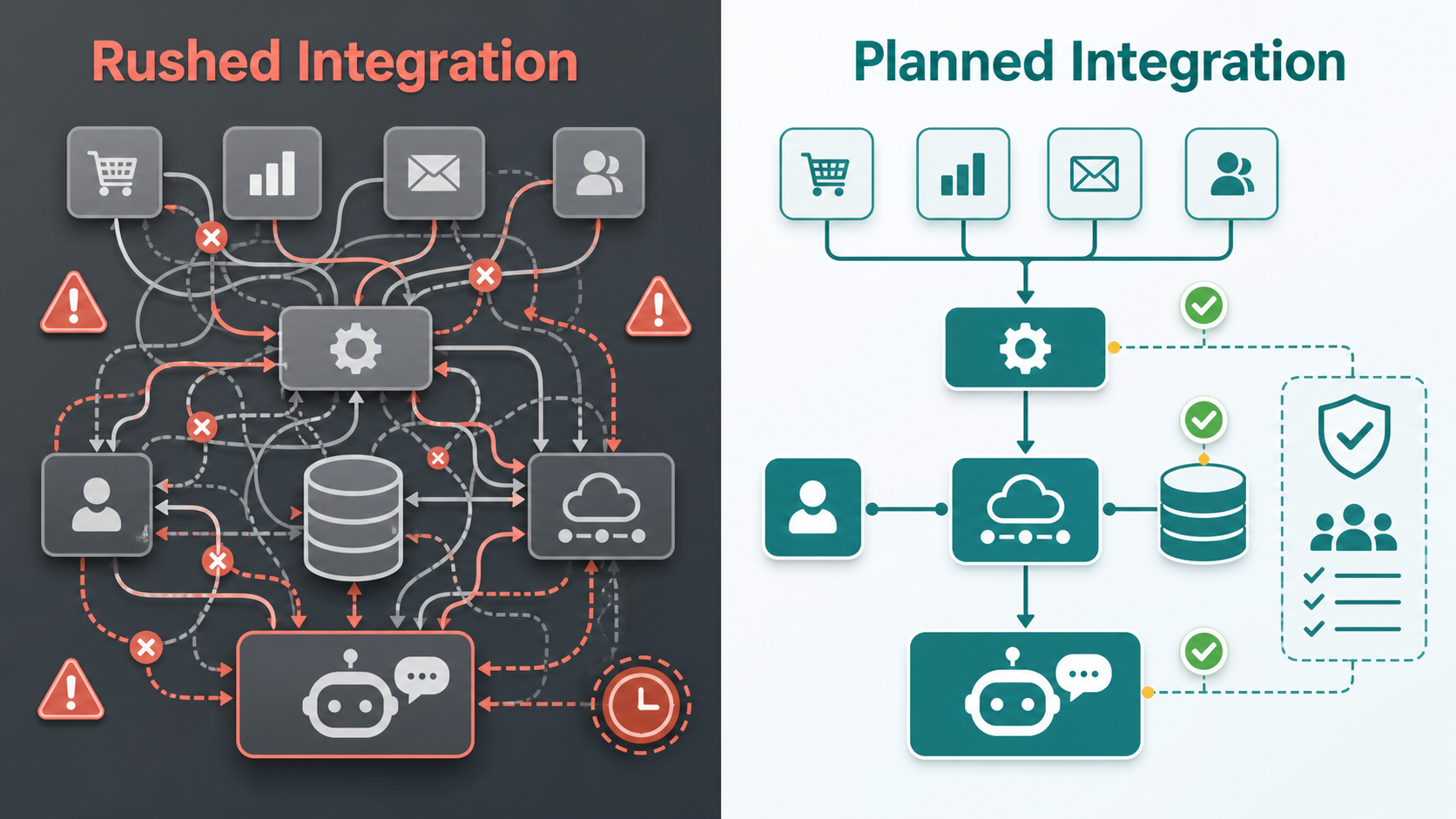 Rushed AI integration compared with planned AI integration architecture