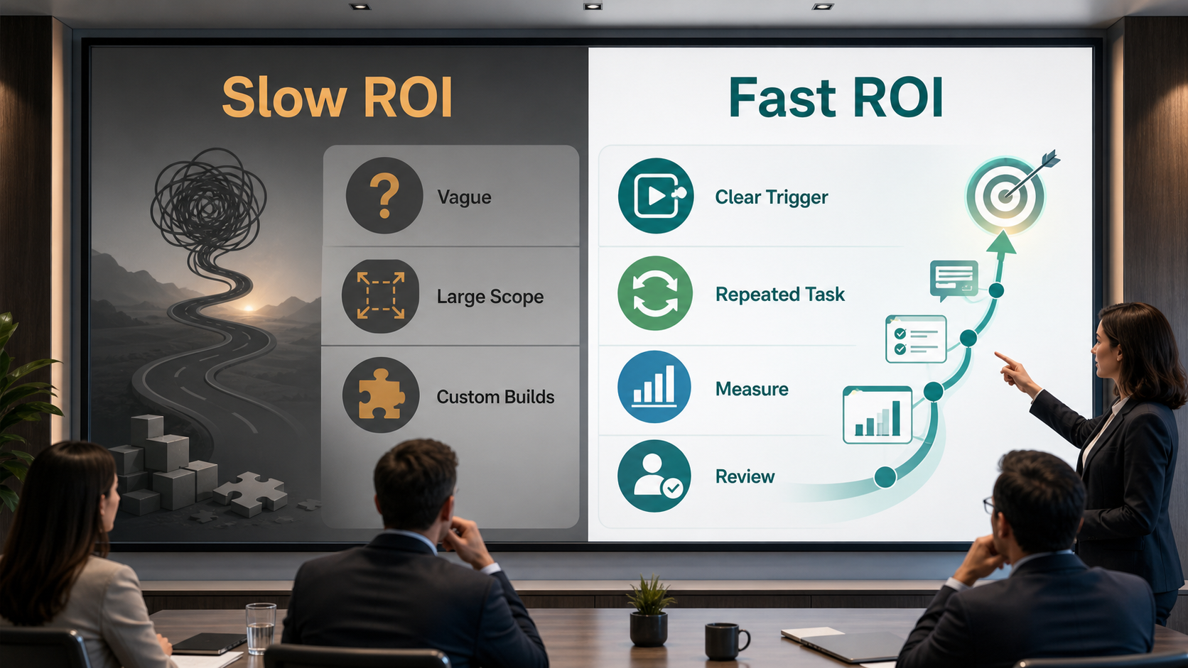 Slow ROI AI projects compared with fast ROI AI workflows showing vague scope clear triggers repeated tasks measurement and review