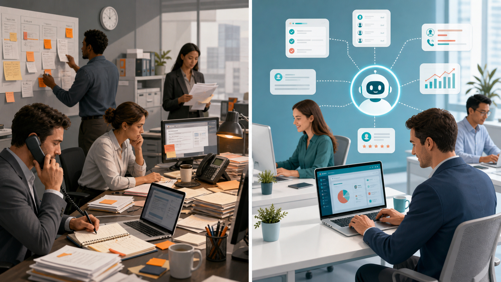 Traditional sales team compared with AI sales assistants supporting CRM updates lead scoring and follow up