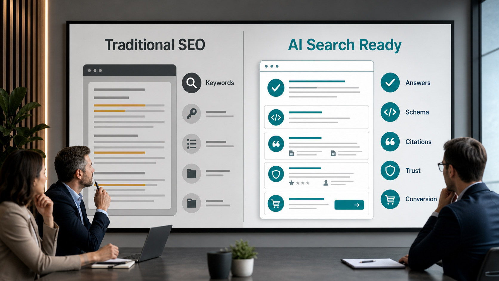 Traditional SEO website compared with AI search ready website showing answers schema citations trust and conversion paths