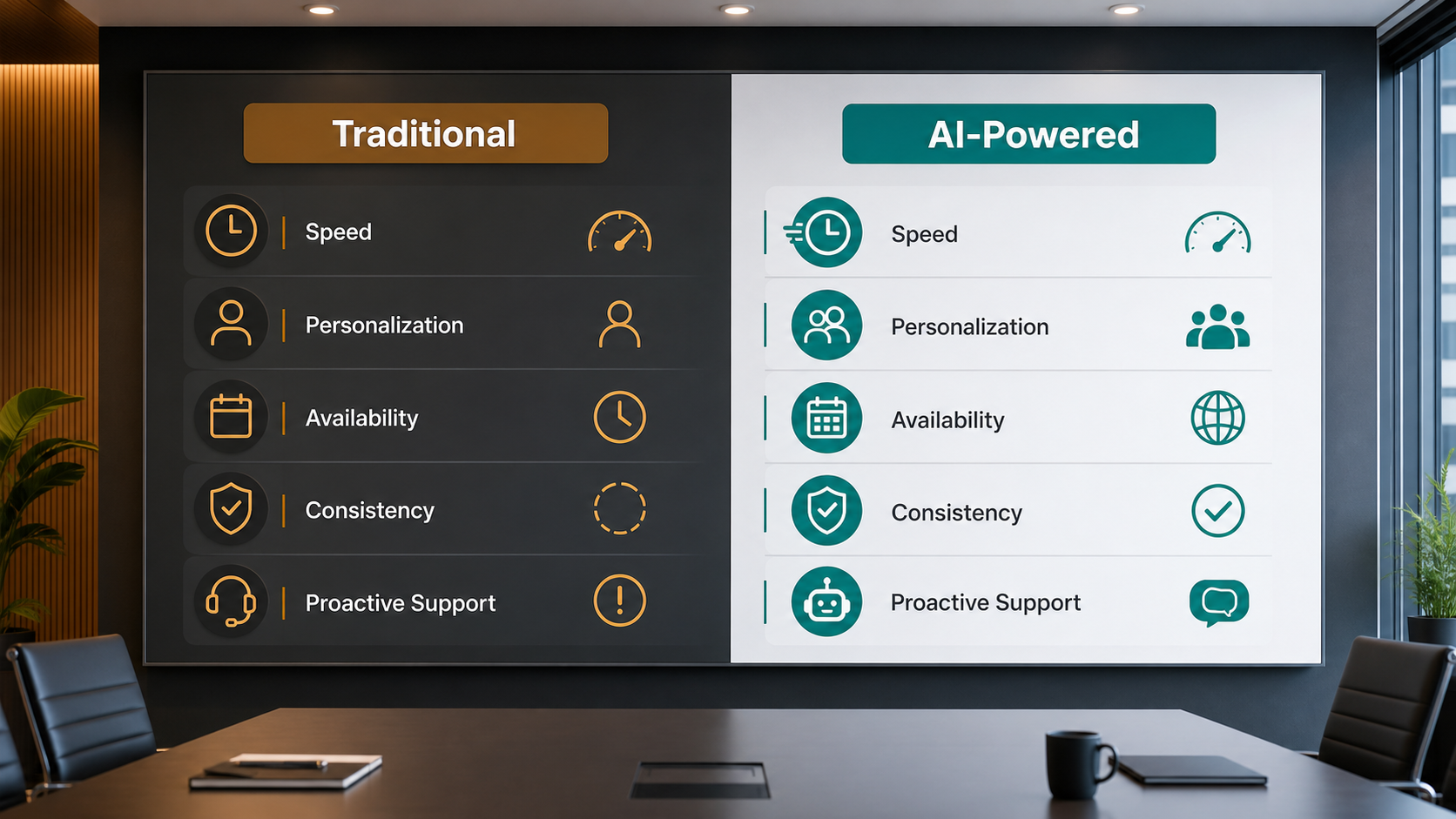 Traditional customer experience compared with AI powered customer experience for speed personalization availability consistency and proactive support